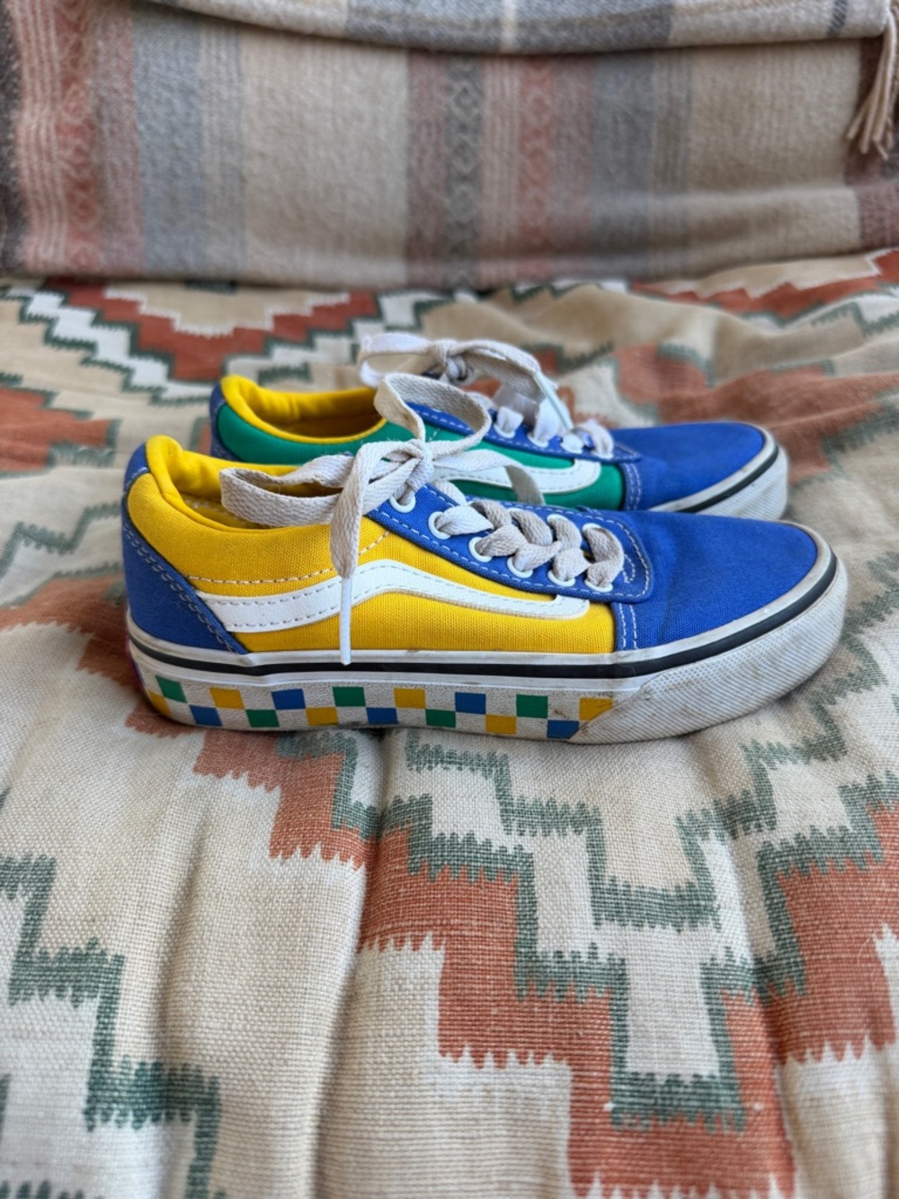 Kids vans blue yellow green checkered sneakers